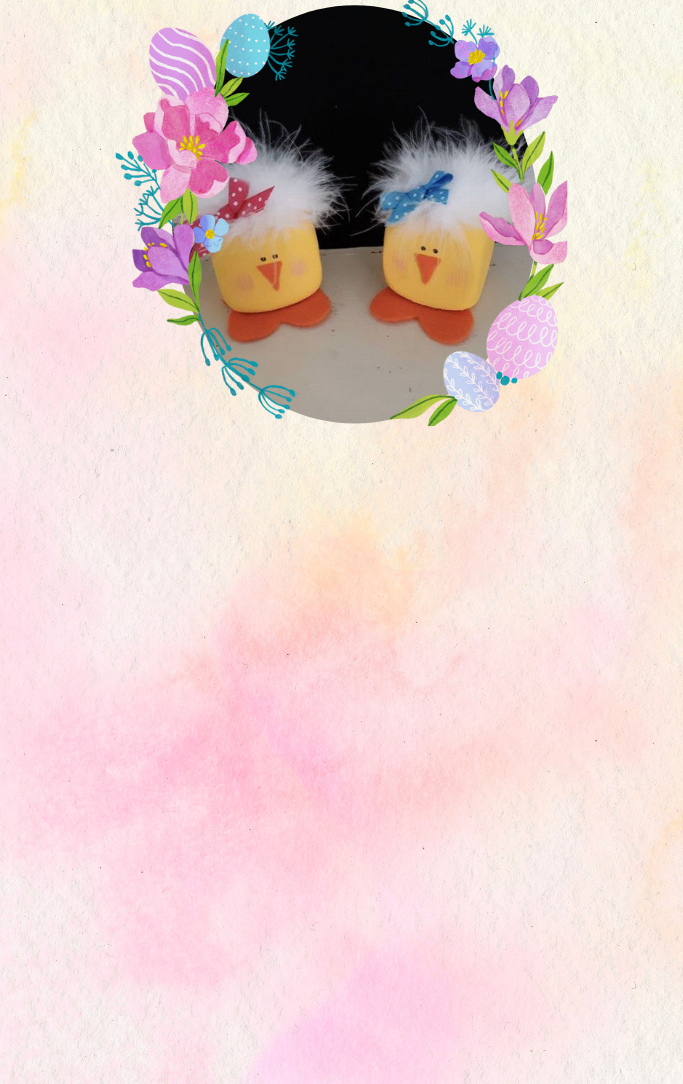wooden spring chickens with flower and egg border on pastel yellow and pink watercolor background