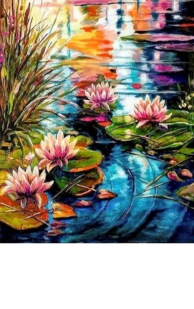 painting of flowers floating on a rippling pond