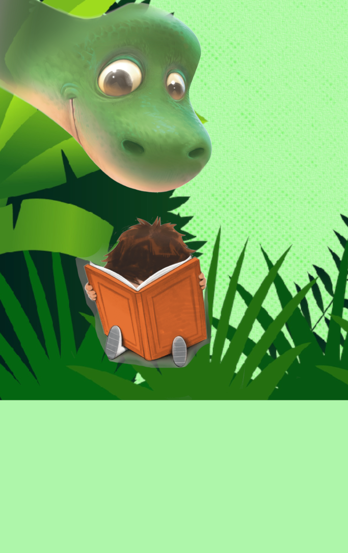 sauropod dinosaur leaning over a boy reading a book, sitting in a jungle