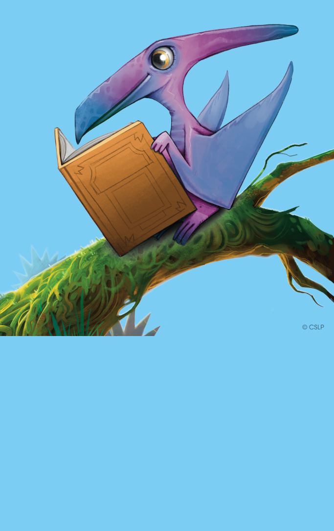 pterodactyl reading a book on a branch