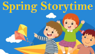 Spring Storytime graphic with children and paper airlplances