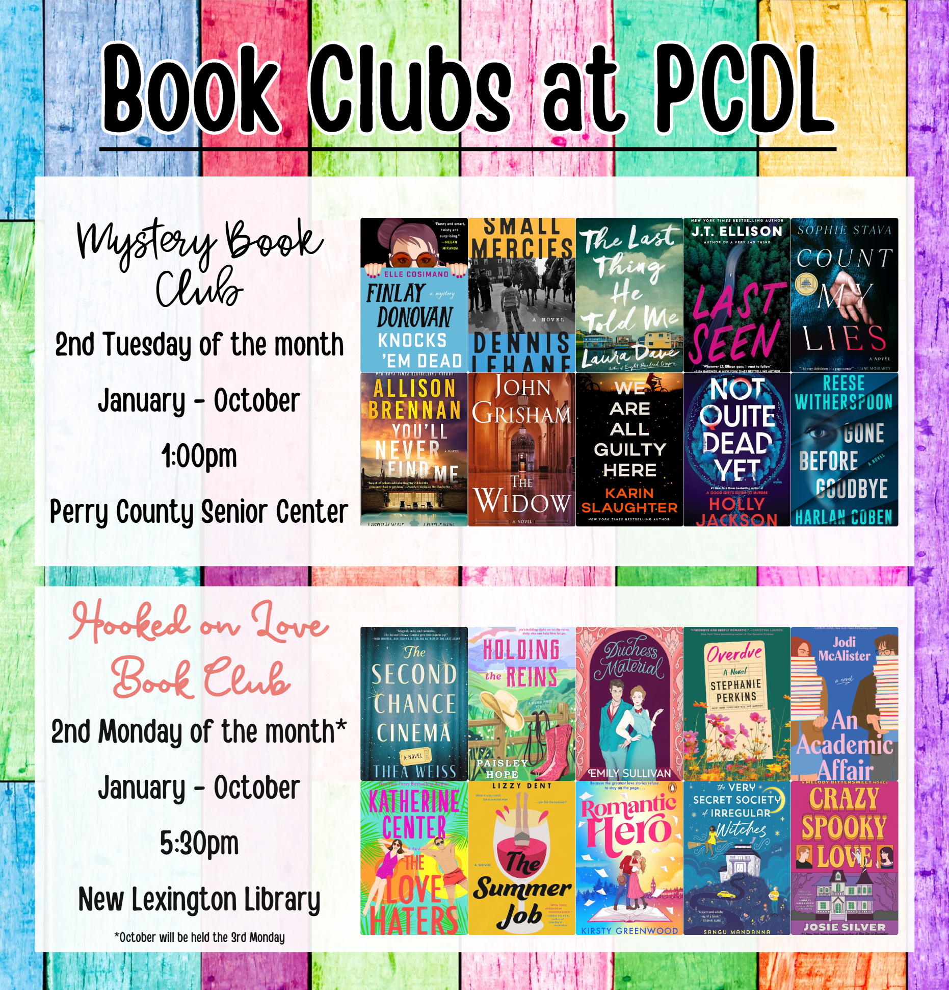 book covers of mystery and romance books to be read during book clubs