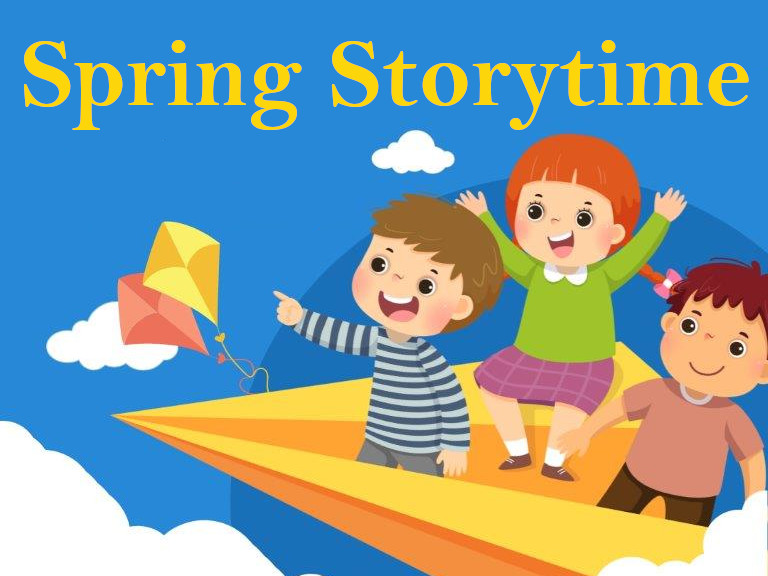 spring storytime title image with children and a paper airplane